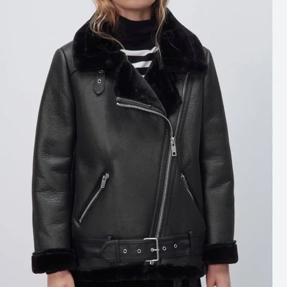 ZARA DOUBLE-FACED JACKET Moto Style Front zip pockets. metal buckles. - Picture 1 of 16